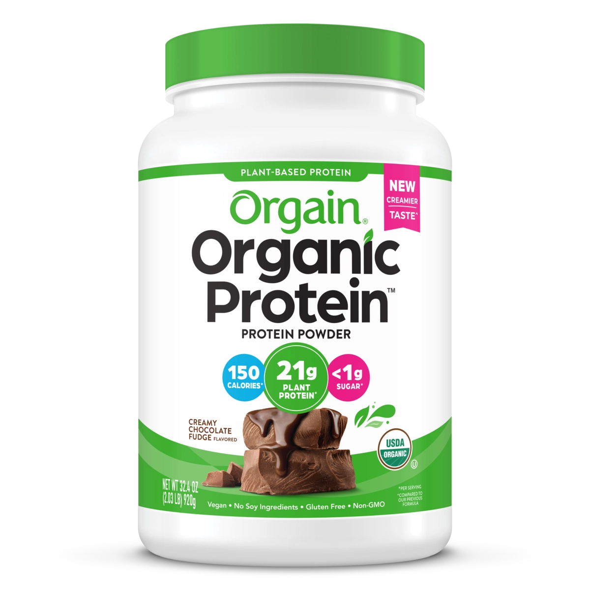 Organic Vegan Protein Powder, Creamy Chocolate Fudge - 21g Plant Protein, 6g Prebiotic Fiber, Low Net Carb, No Lactose Ingredients, No Added Sugar, Non-GMO, For Shakes & Smoothies, 2.03 lb