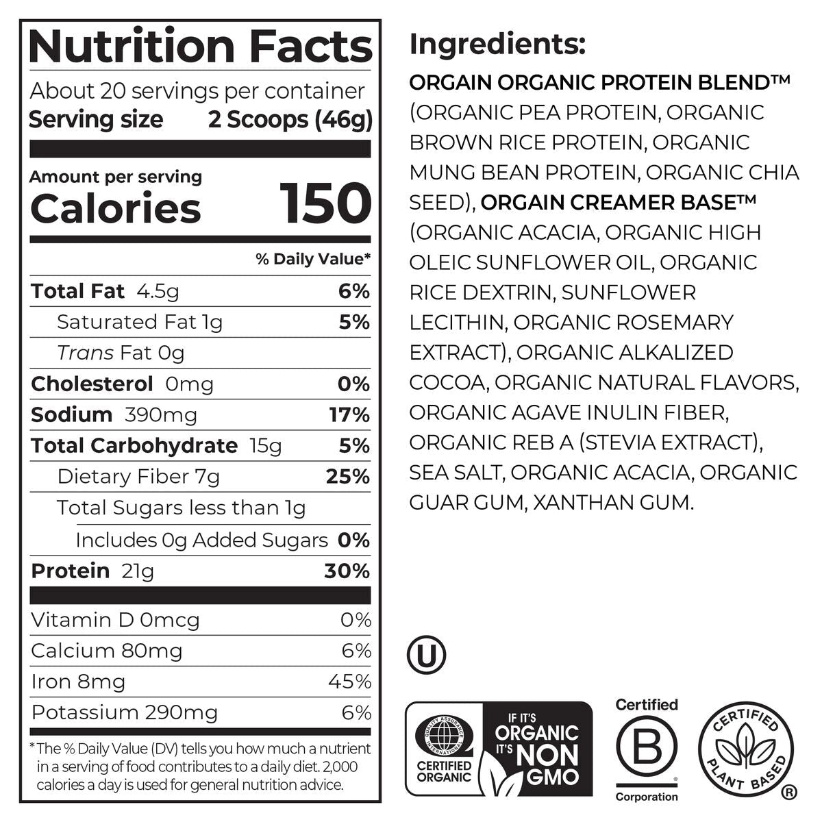 Organic Vegan Protein Powder, Creamy Chocolate Fudge - 21g Plant Protein, 6g Prebiotic Fiber, Low Net Carb, No Lactose Ingredients, No Added Sugar, Non-GMO, For Shakes & Smoothies, 2.03 lb